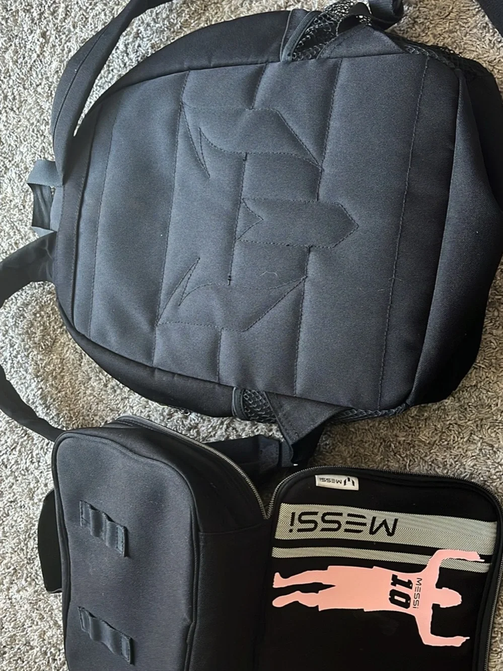 Messi Kids Black Backpackb with Pink Logo and lunch box